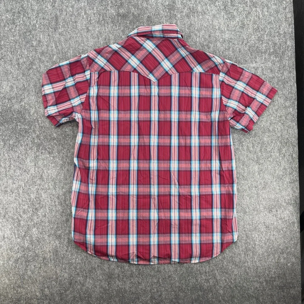 Lucky Brand Shirt Mens Large Red Plaid Short Sleeve Western Pearl Snap Cowboy